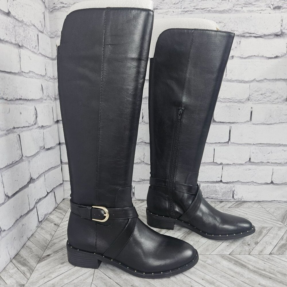 INC Black Leather Riding Boots With Buckle Detail Studded Sole Womens 7M New